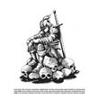 © restu - Dark art of medieval knight wearing full plate armor, sitting on a pile of human skulls. and a long sword is planted into the ground beside him.