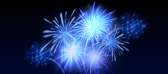 Poster - Bright blue firework explosions with sparkling stars - multiple firecracker bursts radiating in night sky. Realistic 3D luminous light effect composition on dark background for festive event design.