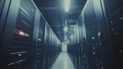 Poster - Data center corridor with rows of servers for information processing