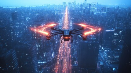 Poster - Futuristic city surveillance, drone with glowing rotors over urban landscape