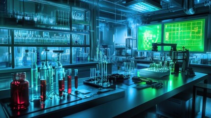 Poster - Futuristic laboratory interior with scientific equipment and data displays