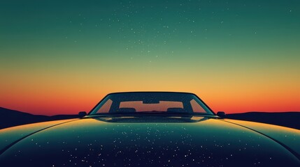 Wall Mural - Classic car with sunset drive desert landscape.