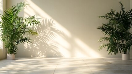 Sticker - Warm sunlight streams through a minimalist room illuminating lush potted palms casting long shadows. AI Generated