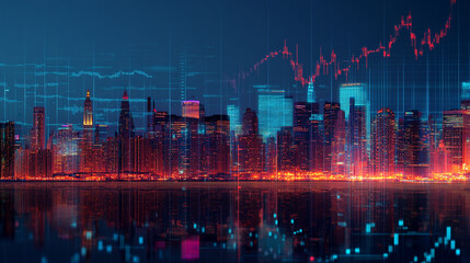 Poster - Night Cityscape Skyline Financial Market Data Digital Art Graphic Design Modern Cityscape Urban     