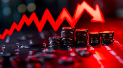 Poster - Financial Crisis Red Arrow Coins Stack Decline Economy Recession Down Risk Loss Debt Money Trend    