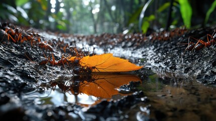 Poster - A leaf is floating in a puddle of water