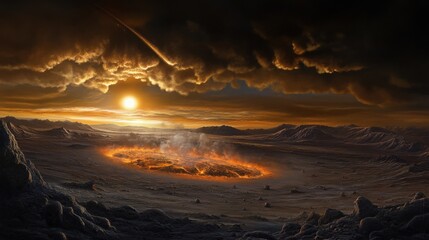 Poster - A desolate landscape with a large crater in the center
