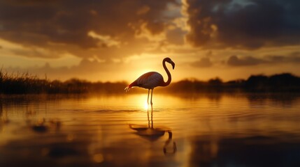 Poster - A flamingo stands in the water, with the sun setting in the background