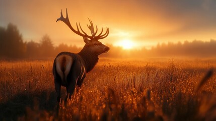 a deer stands in a field with the sun setting behind it
