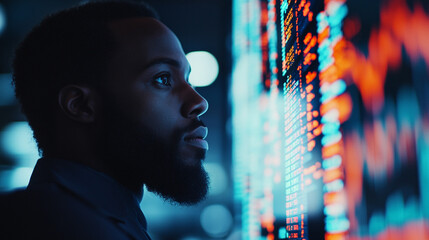 Poster - Focused Man Analyzing Financial Data Screen Digital Stock Market Businessman Neon Lights Growth     