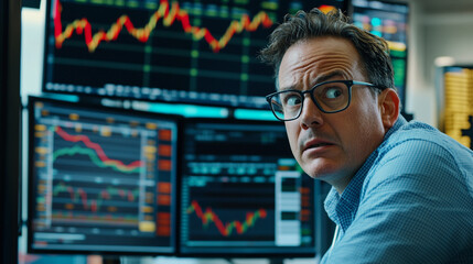 Poster - Worried Businessman Stock Market Data Analysis Graphs Charts work risk money screen office crisis   