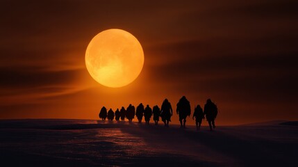 Poster - A group of people are walking in the snow with a large moon in the background