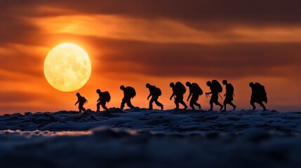 Poster - A group of people are walking across a snowy landscape