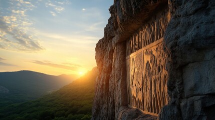 Poster - A large rock with a carving of people on it