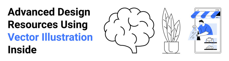 Brain sketch, potted plant, and online store interface with user interaction. Ideal for creativity, innovation, e-commerce, business ideas, marketing education and technology. Perfect flat landing
