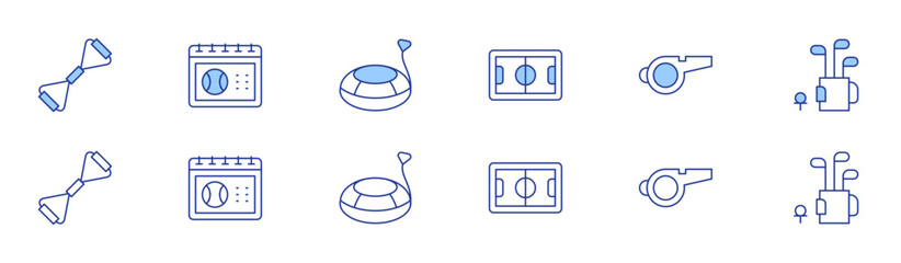 sports icon set in two styles, duotone and thin line style. editable stroke. chest expander, footbal