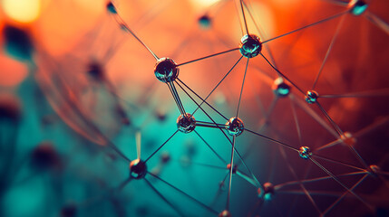 Poster - Abstract Network Connection Digital Art Modern Technology Background Orange Teal Web Mesh Data Nodes
