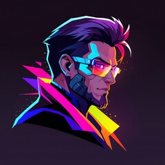 Wall Mural - Neon Retro Cyberpunk Man Portrait: 80s Style Digital Art