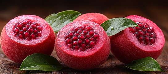 Wall Mural - Juicy pomegranate halves, wooden background, food photography, recipe