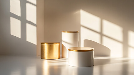 Poster - Elegant Gold White Cylinders Minimalist Product Display Studio Background Clean Light Decor Style   