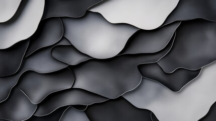 Wall Mural - Abstract composition of flowing, layered shapes in shades of black and white, creating a dynamic texture