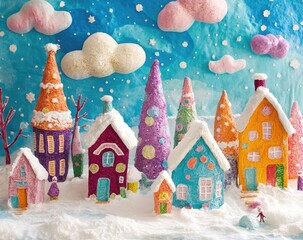 Colorful handcrafted snow village scene with whimsical houses