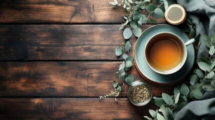  A cozy tea setup with a cup, herbs, and eucalyptus on a wooden table.