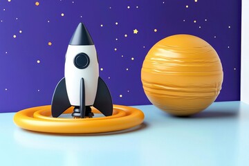 Wall Mural - cartoon rocket launching towards a planet against a starry night sky