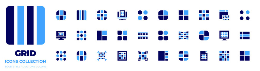 Grid icon collection. Bold style. Duotone colors. menu, category, grid, circle grid, layout