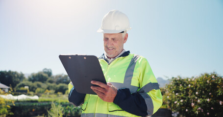 Poster - Outdoor, engineer and man with clipboard for construction, project development and maintenance. Smile, male person and mature architect with checklist for quality control, inspection and industrial