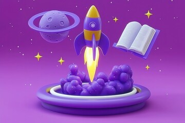 Wall Mural - knowledge launch rocket, book, and planet in 3d render