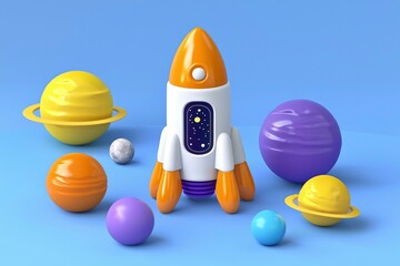 Wall Mural - cute cartoon rocket ship surrounded by colorful planets on a blue background