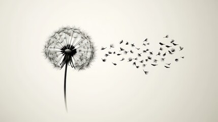 Wall Mural - Dandelion seeds with blowing in wind minimalist design nature background card design.