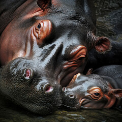 Hyperrealistic Macro Photography of Hippo and Calf in Water