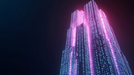 Wall Mural - Futuristic skyscraper covered in binary code glows in the dark