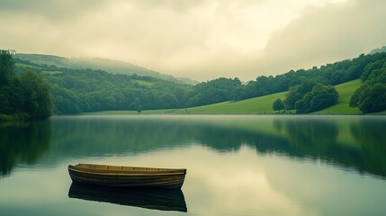 Naklejka na meble Serene Wooden Rowboat on Calm Lake Surrounded by Misty Green Hills