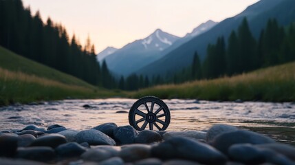 Wall Mural - A serene river landscape at dusk featuring a lone wheel amidst smooth stones and mountains