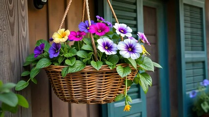 Poster - A basket with flowers hanging from a wooden beam. The flowers are purple, yellow, and pink
