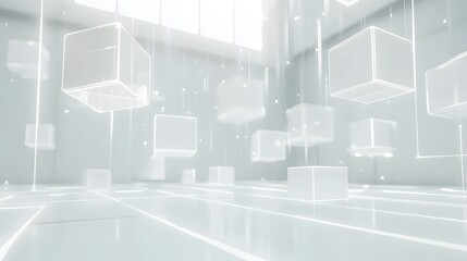 Wall Mural - Floating translucent white cubes hang in a bright clean room