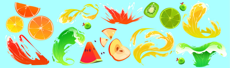 Wall Mural - fresh fruit juice splashes with sliced ingredients - orange, lemon and lime circles, watermelon tria