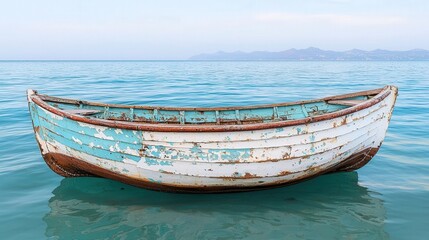  Mediterranean, harbor, tradition, Vintage Mediterranean fishing boat with peeling paint moored in the harbor, evoking rustic charm and heritage