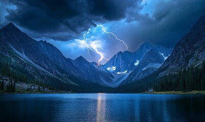 Poster - dramatic mountain range under dark, stormy skies, with lightning striking the peaks and illuminating an expansive lake at its base. 