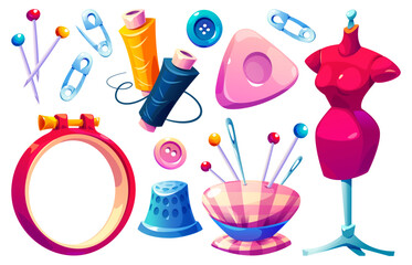 Cartoon sewing accessories collection with mannequin, embroidery hoop, thread spools, pins and safety clips, buttons, thimble and pincushion. Bright colorful craft supplies set for handmade design.