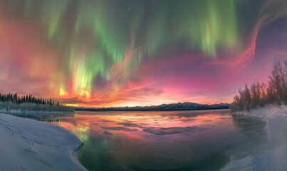 Poster - breathtaking view of the Northern Lights dancing above an icy landscape, with vibrant colors reflecting on water and snow-covered trees in the background. 