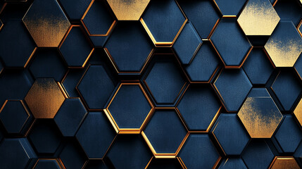 Wall Mural - abstract technology background with gold glowing hexagons. abstract blue background with hexagons an