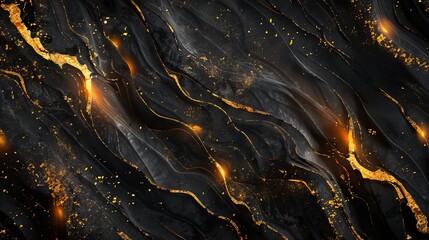 Wall Mural - luxurious black background featuring metallic gold grunge textures, mosaic wave lines, and electric 