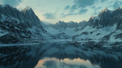 Canvas Print - A majestic mountain range with snow-covered peaks, reflecting in the calm waters of an alpine lake at dawn. 