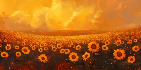 Wall Mural - A field of sunflowers at sunset, with the sky painted in hues of orange and yellow. The flowers have golden heads that sparkle under the warm light