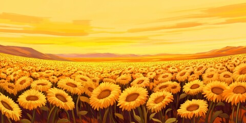 Wall Mural - A field of sunflowers at sunset, with the sky painted in hues of orange and yellow. The flowers have golden heads that sparkle under the warm light