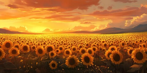 Wall Mural - A field of sunflowers at sunset, with the sky painted in hues of orange and yellow. The flowers have golden heads that sparkle under the warm light